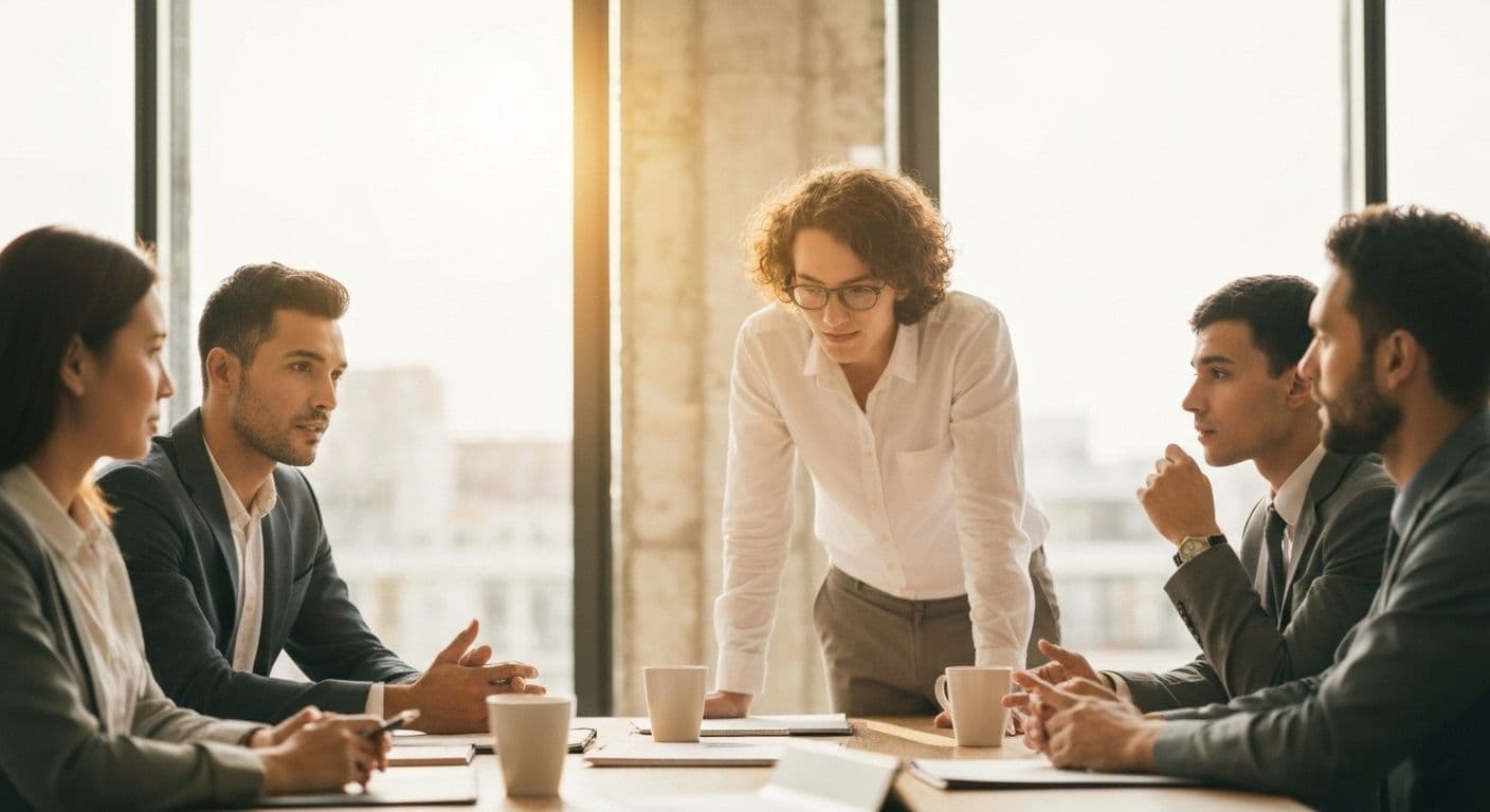 Colleagues demonstrating awareness of others during workplace discussion, showing empathetic body language and active listening