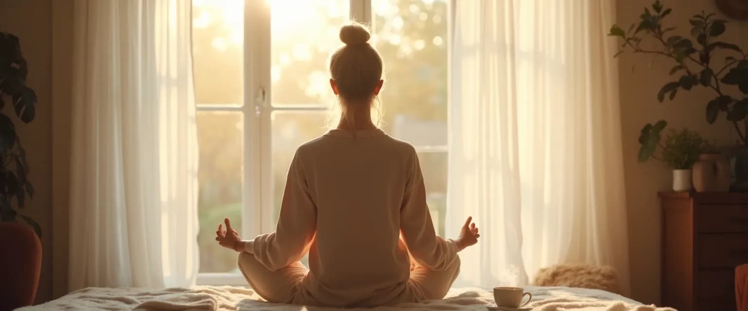 Parent practicing morning mindfulness ritual while preparing for busy day with children