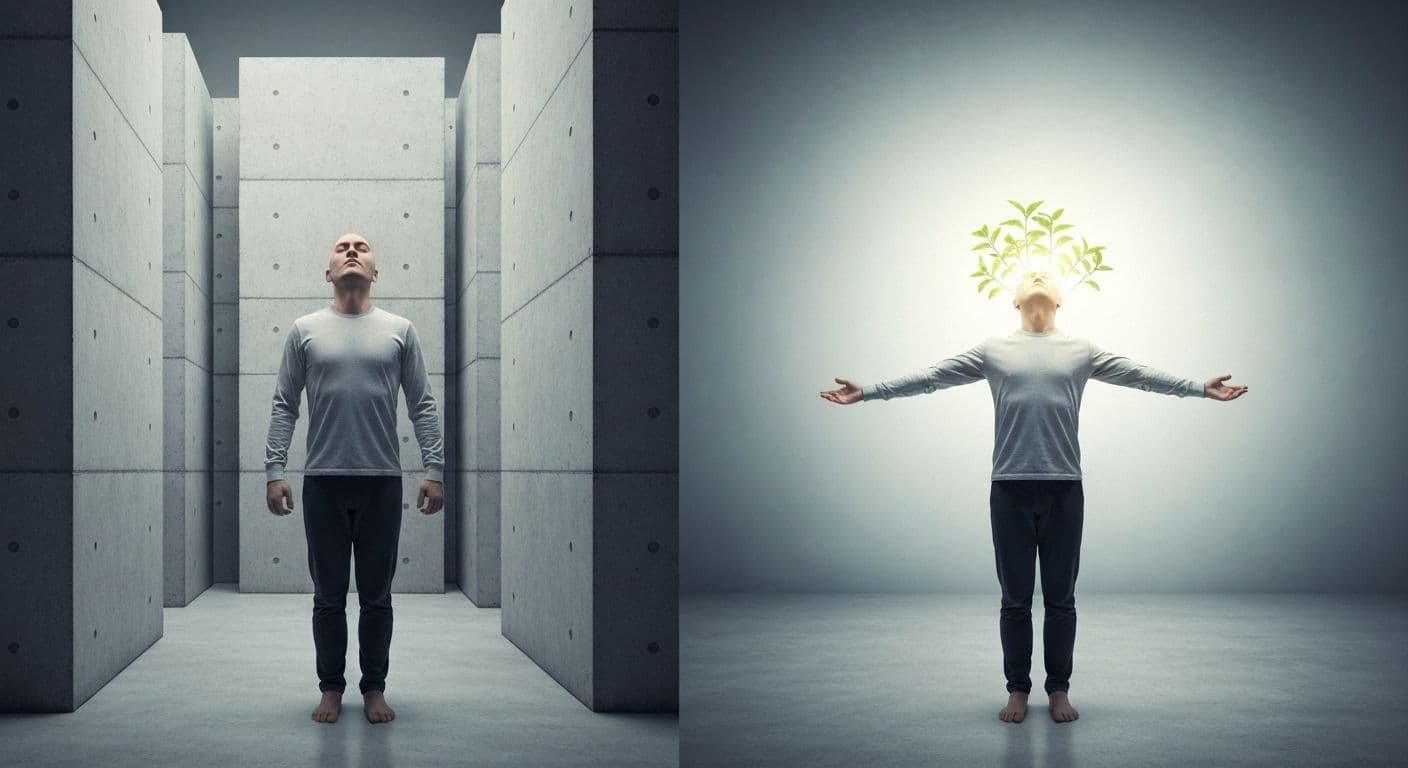 Person breaking through mental barriers to develop a growth mindset and overcome fixed beliefs about intelligence