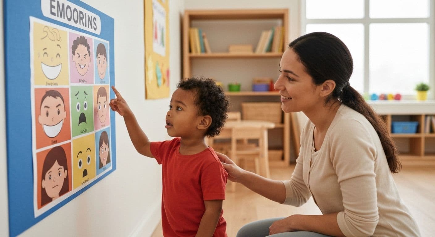 Parent helping preschooler identify feelings to build self awareness for preschoolers through play and conversation