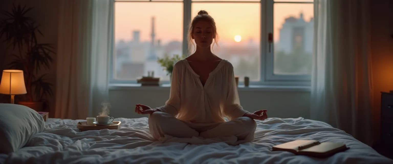Woman practicing 5-minute mindfulness for sleep in bed with peaceful expression