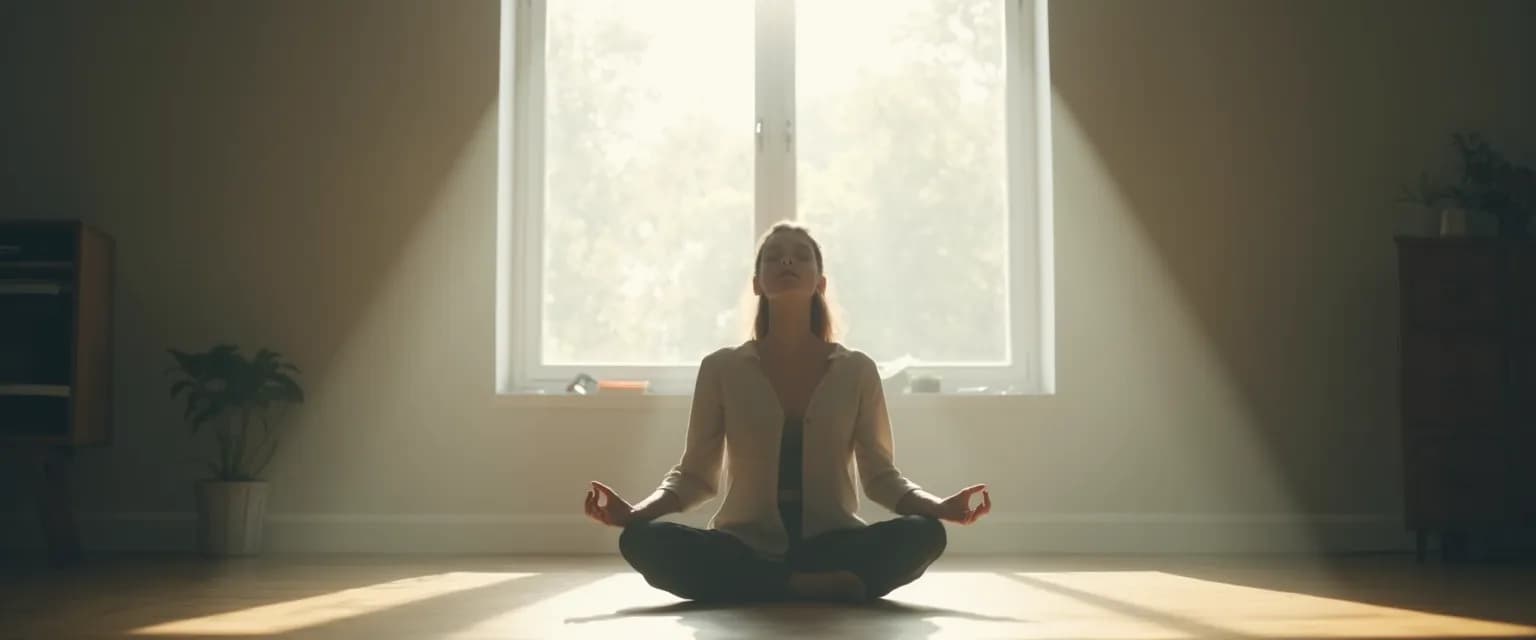 Woman experiencing peace of mind in daily life while sitting at her desk during a busy workday