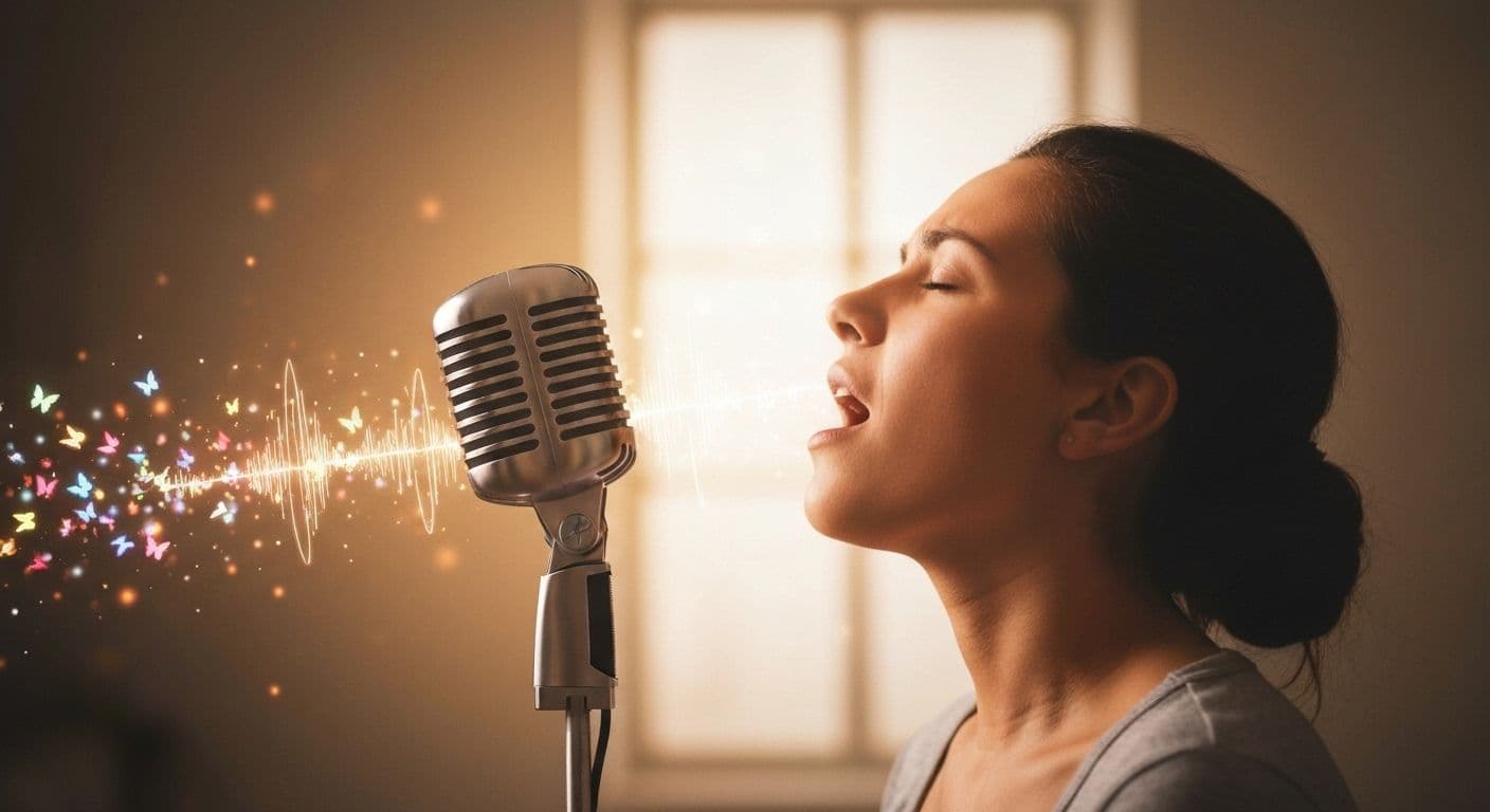 Person serenading heartbreak by singing with emotional expression and relief