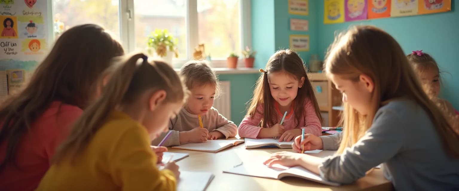 Elementary students engaging in self-awareness reflection games in classroom