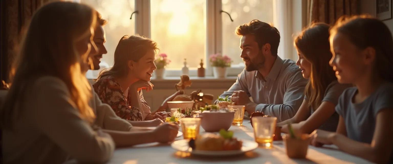 Family practicing emotional intelligence techniques during dinner conversation
