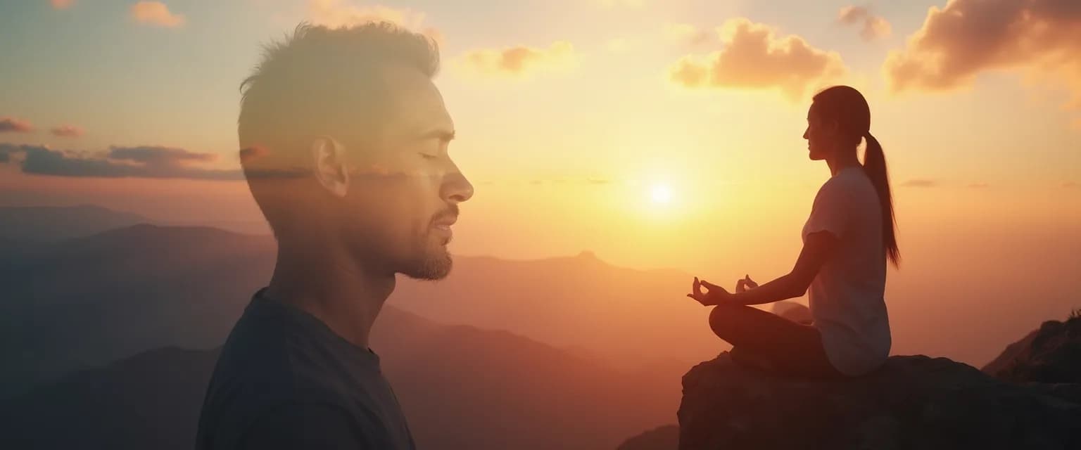 Person meditating while balancing symbols of the conscious and unconscious mind