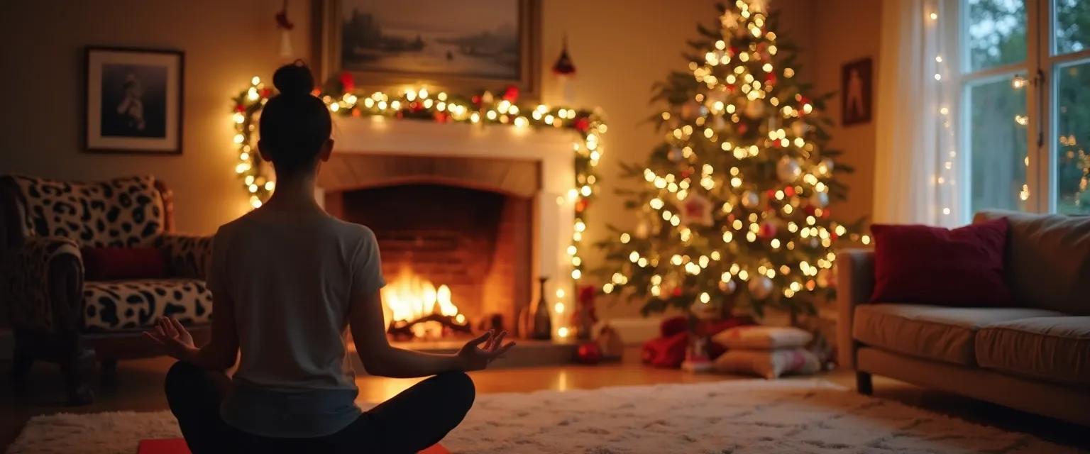 Person feeling stressed during holidays, surrounded by festive decorations, illustrating holidays anxiety
