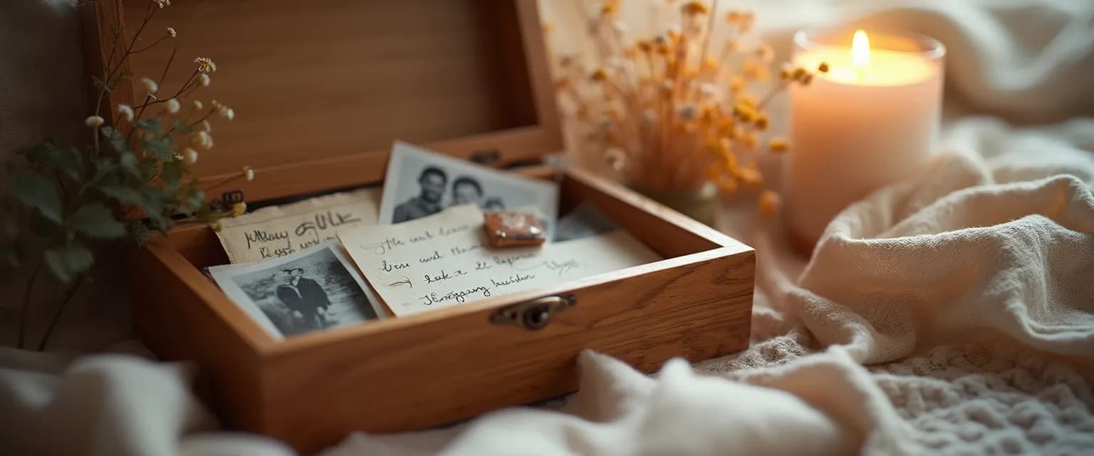 Personalized memory box gift for someone who's lost a loved one containing photos and meaningful mementos