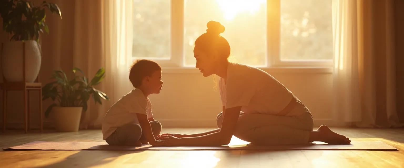 Parent and child practicing yoga and self awareness poses together for emotional intelligence