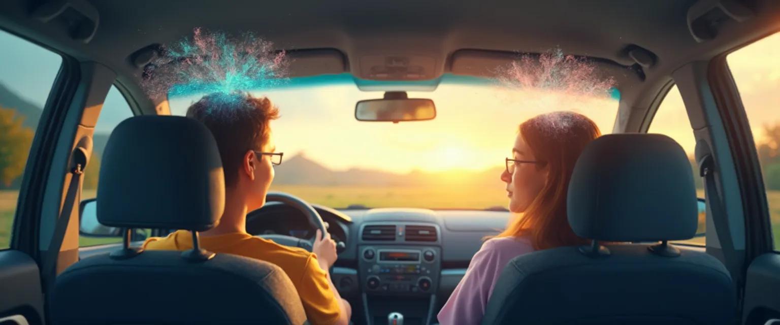 Parent and teen engaging in SEL self-awareness mindfulness game while driving