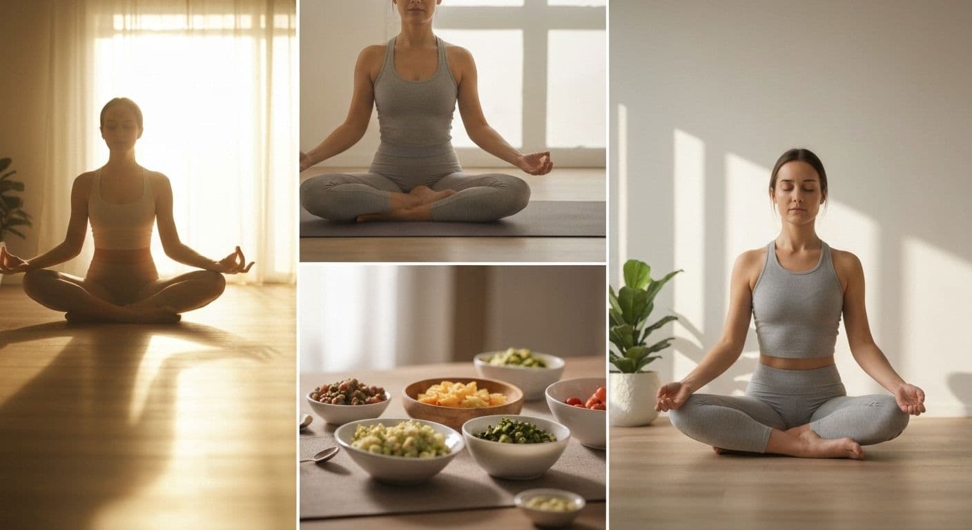 Person practicing mind body soul balance through morning meditation and stretching routine
