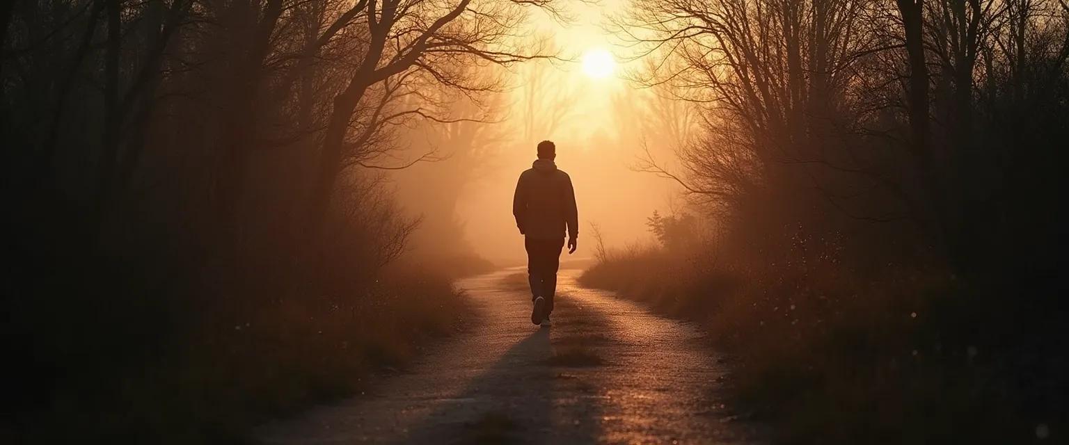 Person walking from heartbreak darkness to move on light through a gradual healing journey
