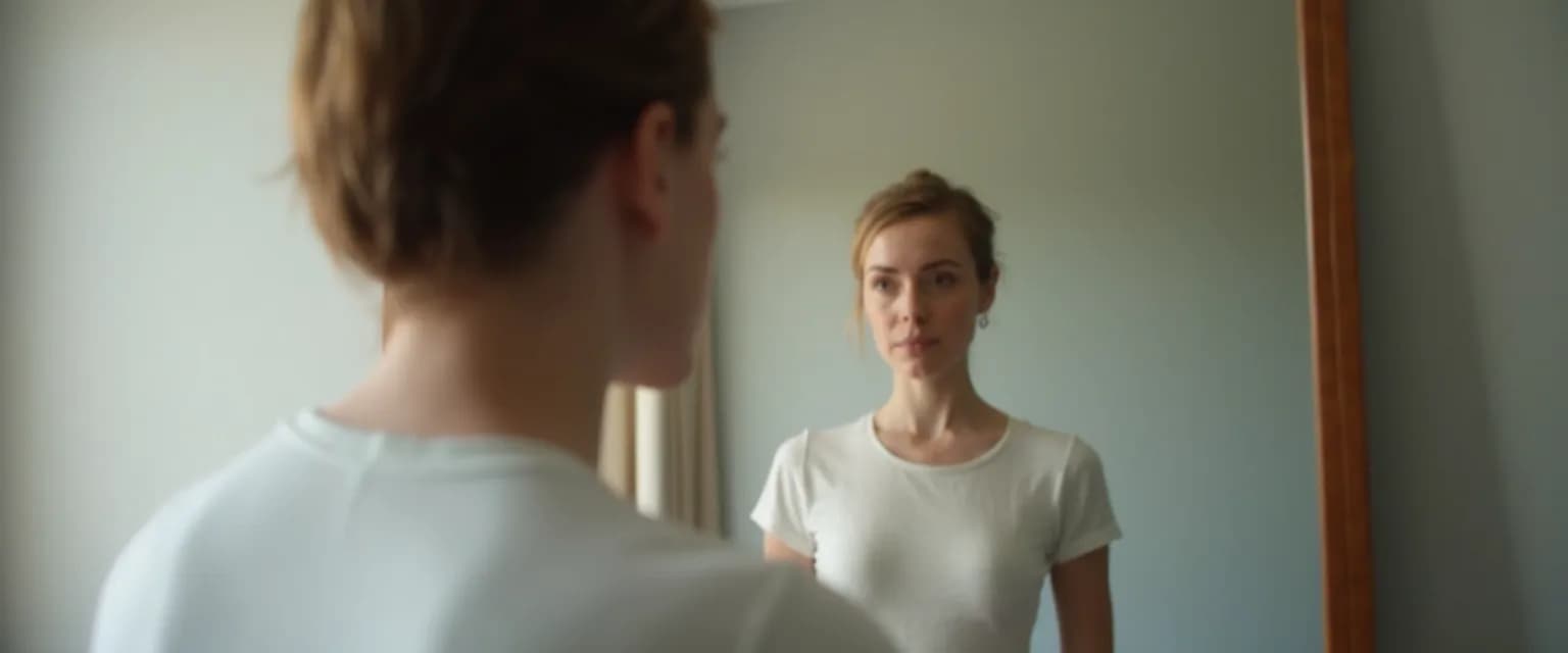 Person practicing mirror exercises to develop self-awareness skills through body language