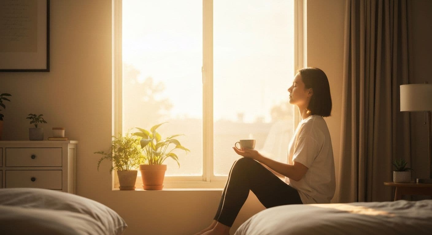 Person practicing morning mind management techniques while sitting peacefully in bed at sunrise