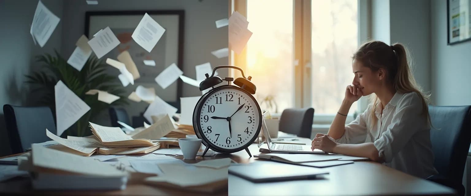 Person weighing strategies to overcome procrastination versus purposeful delay on a balance scale