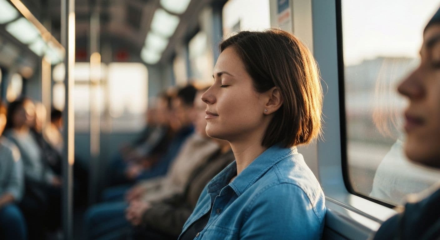 Person practicing daily mindfulness during morning commute on public transit