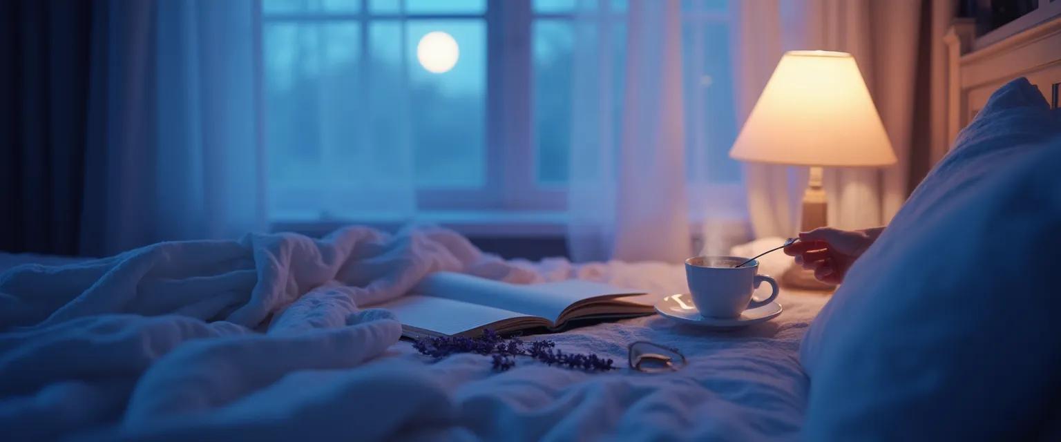 Person practicing mindfulness meditation for sleep and anxiety in bed with calm expression