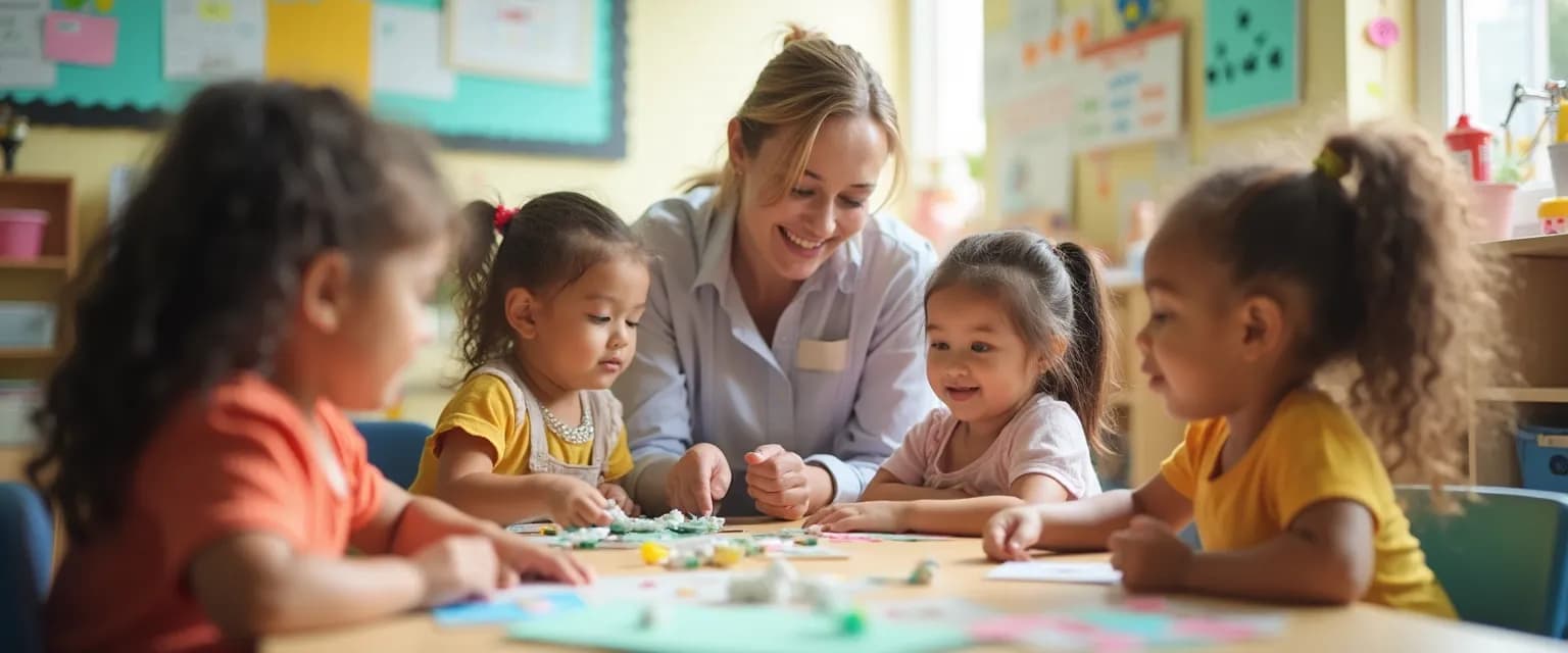 Teacher facilitating self-awareness activity in early childhood education classroom with preschoolers