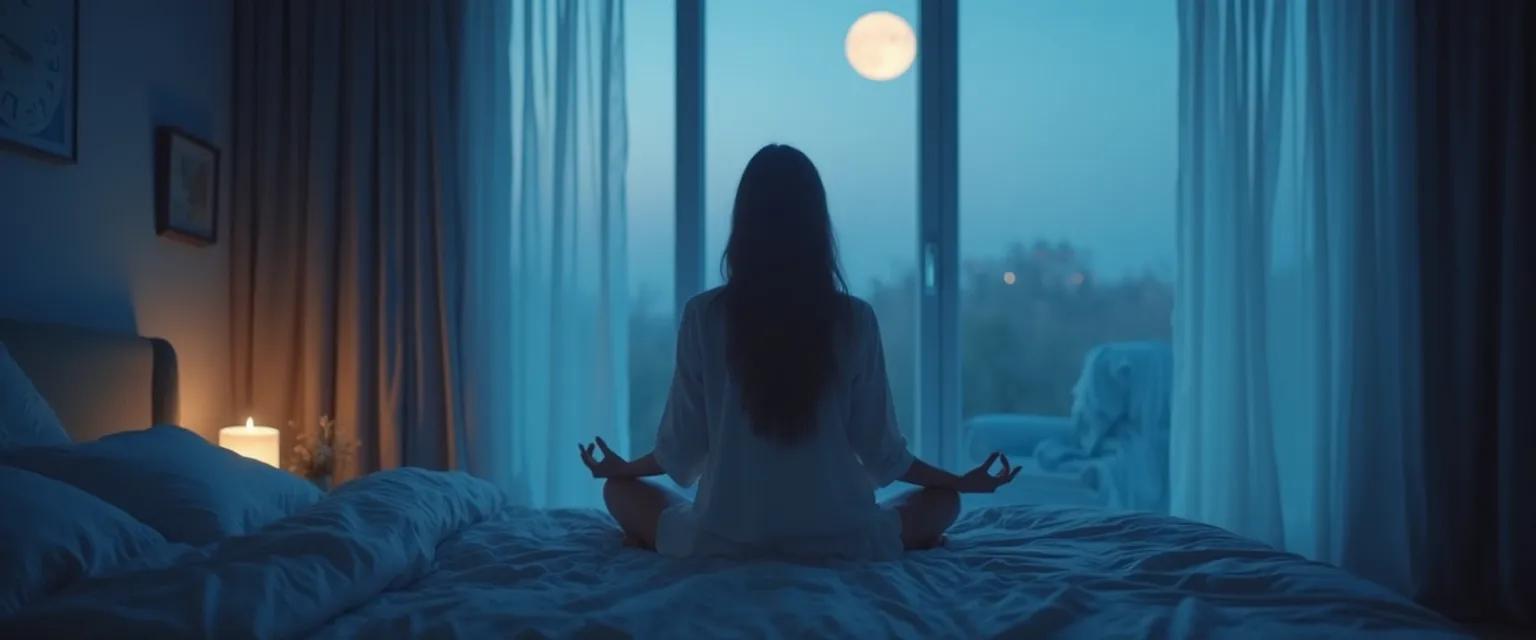 Woman practicing personalized meditation and sleep techniques in a comfortable bedroom setting