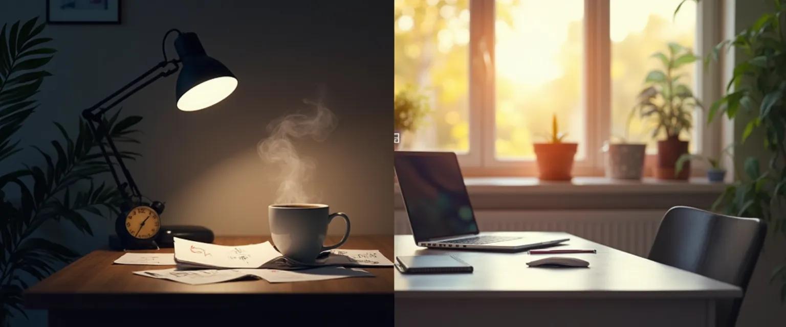 Visual comparison of night owl and early bird procrastination and sleep patterns with productivity strategies
