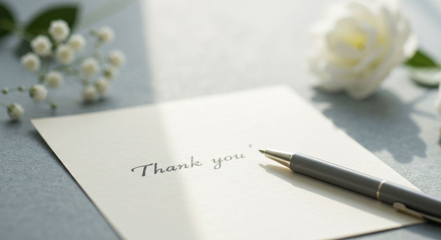 Person writing sympathy card messages thank you notes with gentle lighting and simple stationery