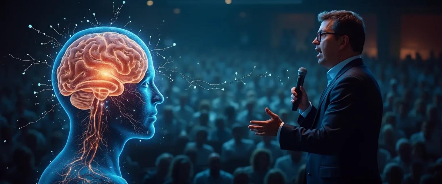 Confident speaker engaging audience, demonstrating effective presentation skills and speech confidence