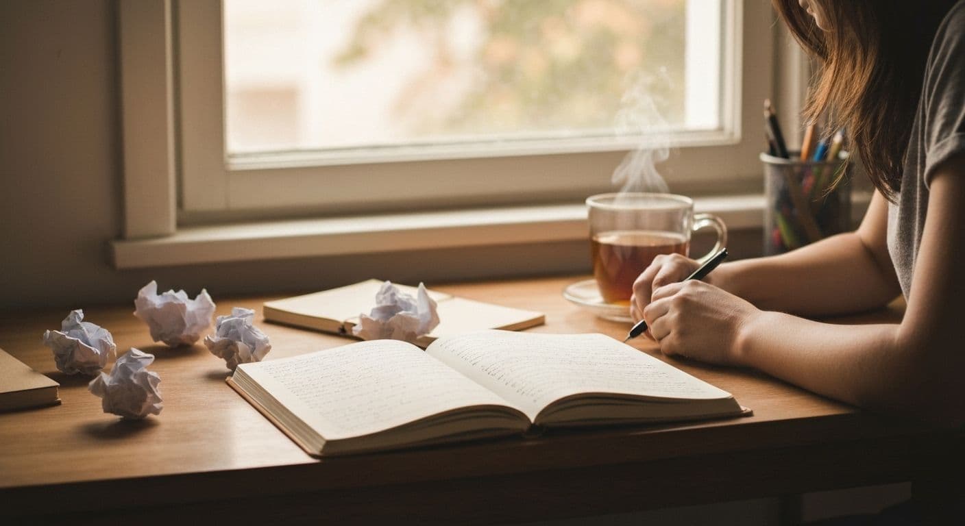 Creative writer crafting short stories about heartbreak in notebook with emotional healing focus