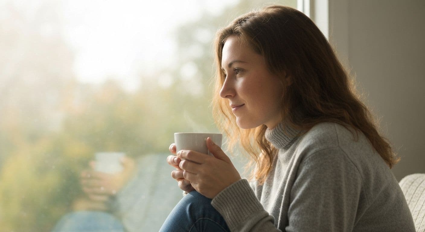 Person sitting peacefully processing grief emotions without forced positivity