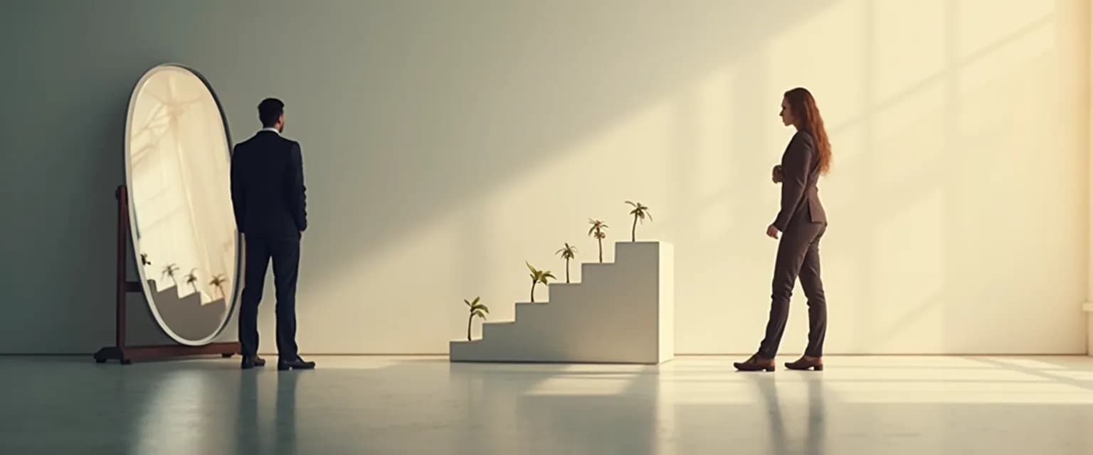 Professional looking in mirror representing self awareness as the key to success