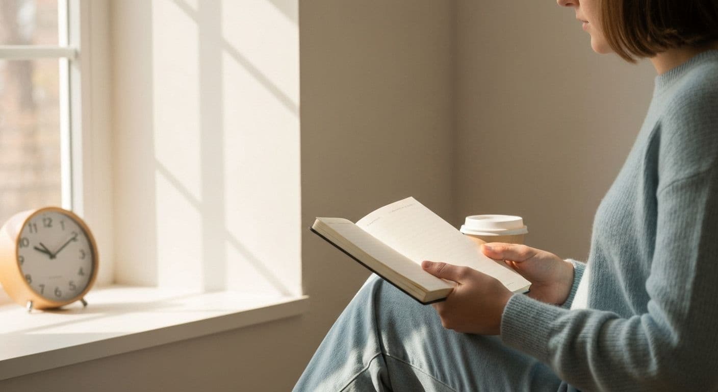 Person practicing self-awareness points during daily coffee break, checking emotional state