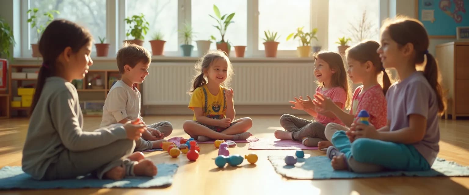 Teacher leading mindfulness in the classroom activity with engaged students
