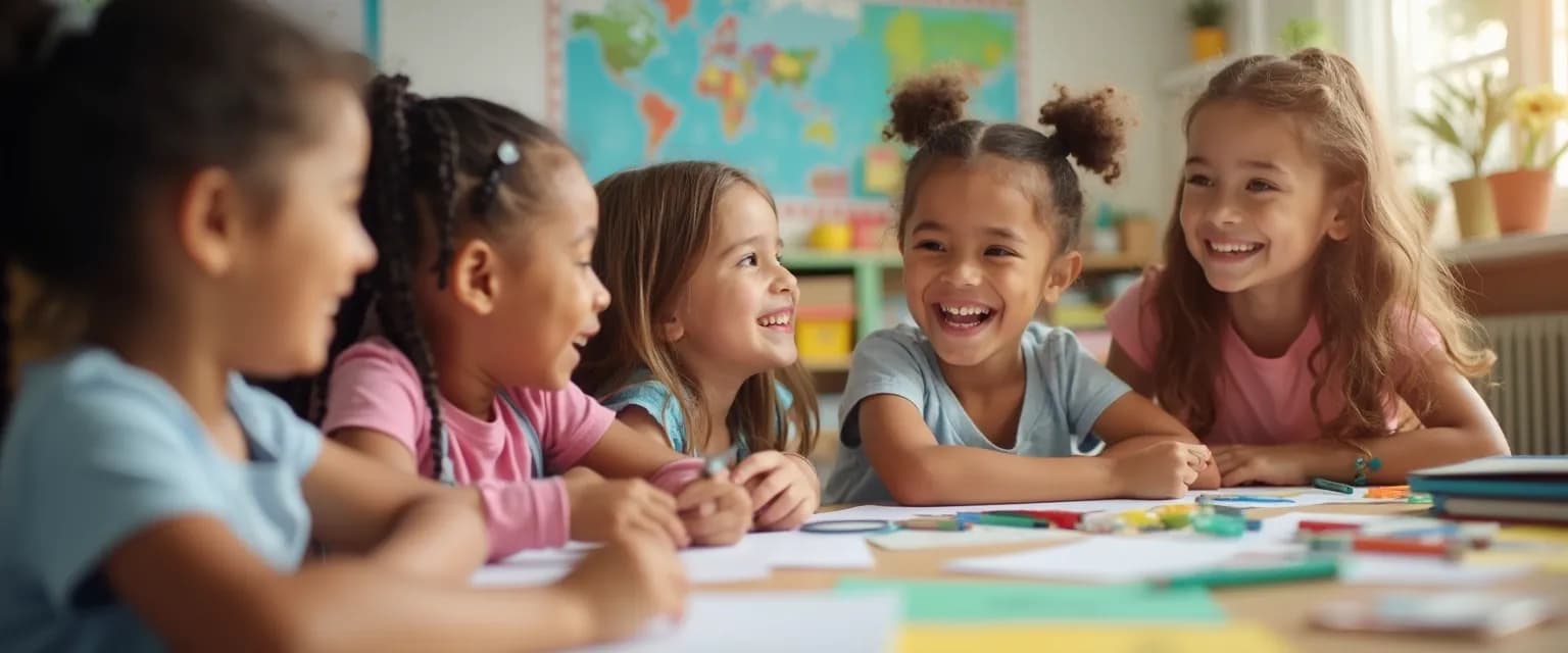Elementary students playing social emotional learning self-awareness games in classroom