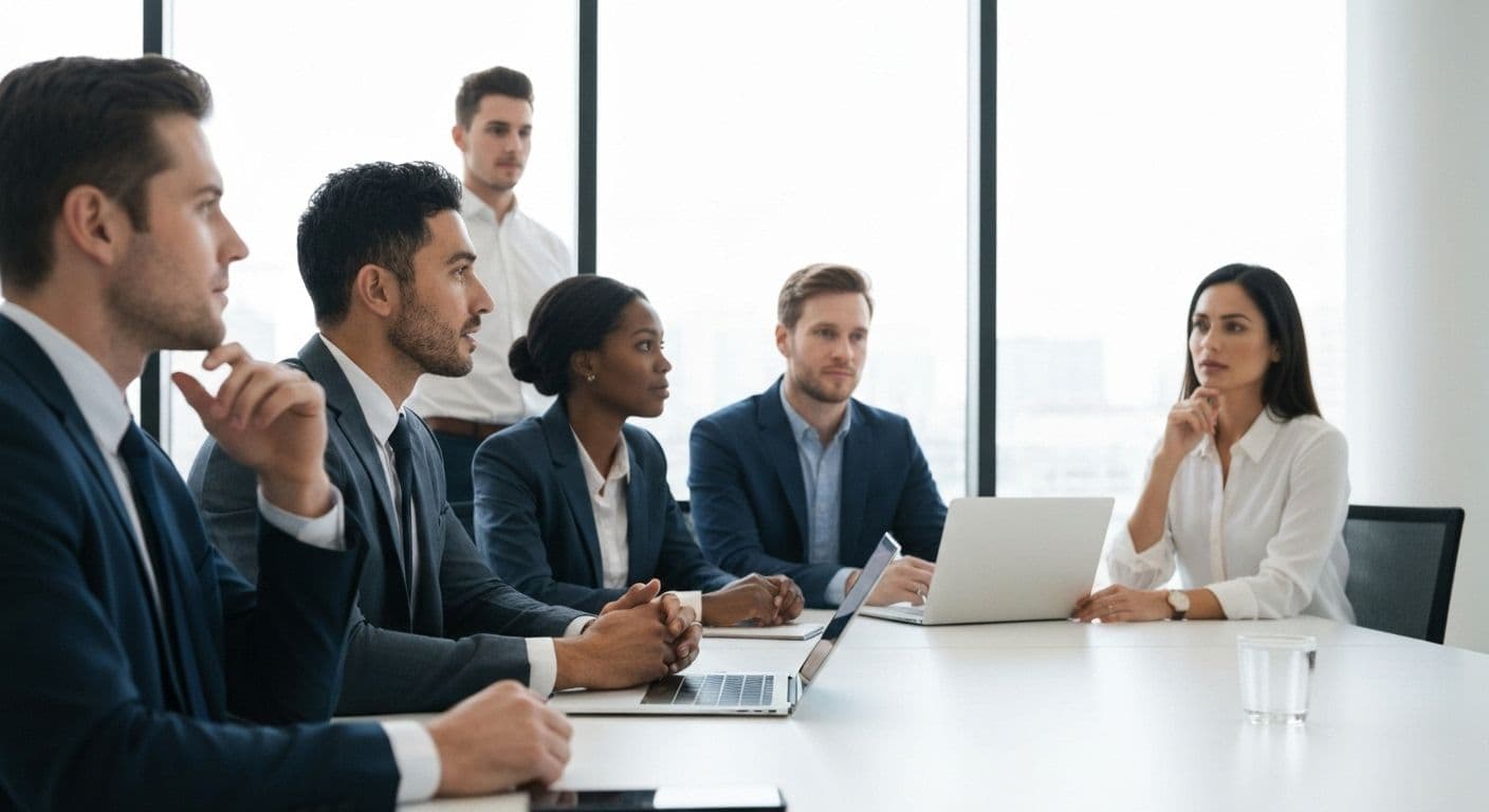 Professional using self awareness communication skills to read the room during a meeting