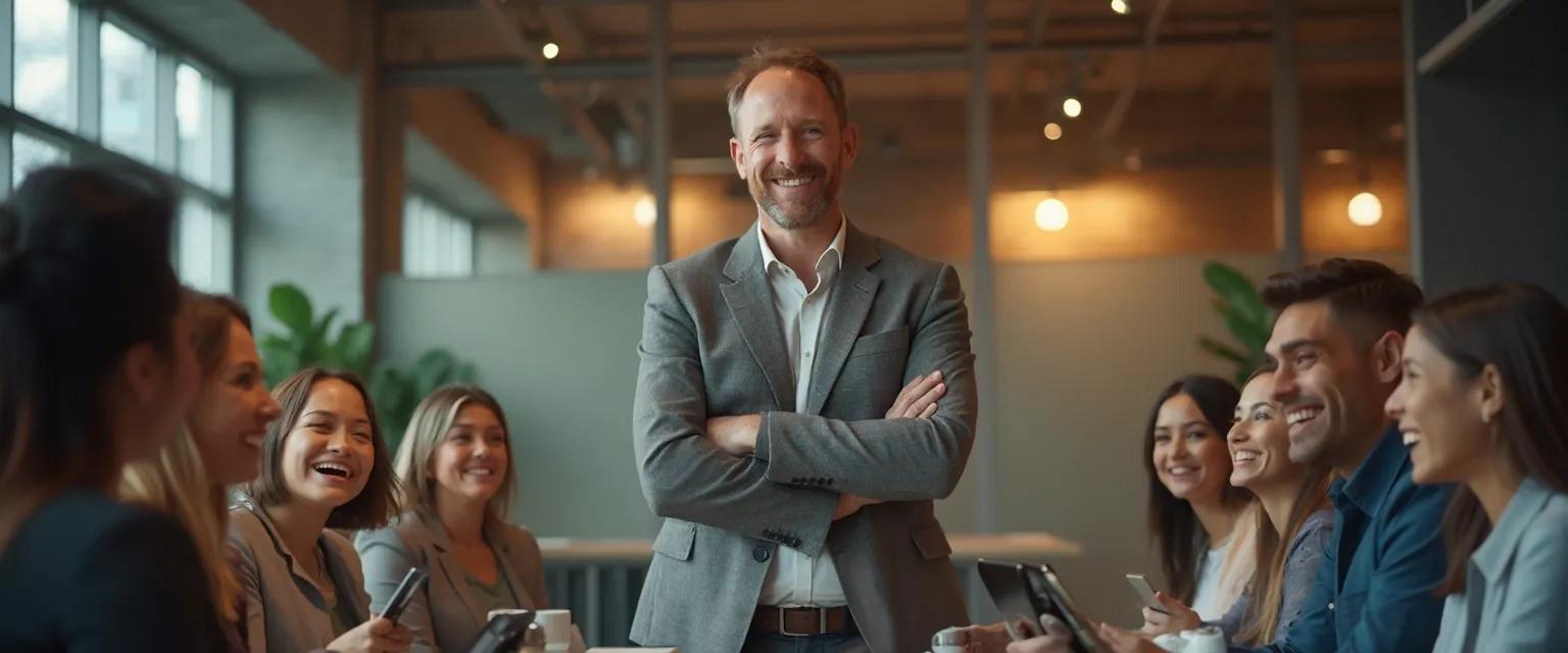 Confident leader guiding team meeting, demonstrating leadership confidence and authority in management