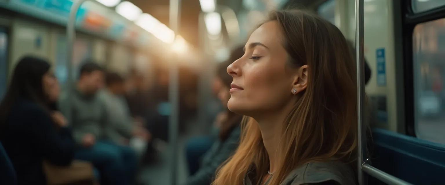 Person practicing mindfulness based stress reduction techniques during daily commute
