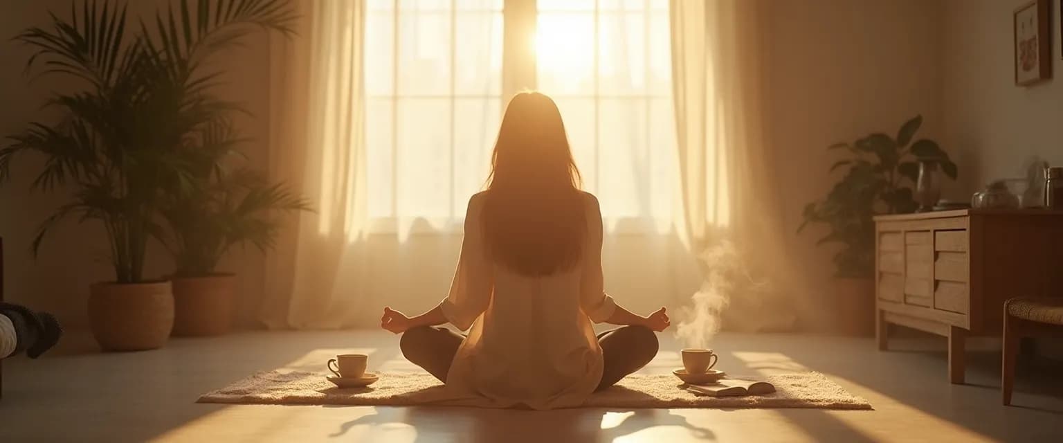 Woman practicing morning mindful life routine with sunrise