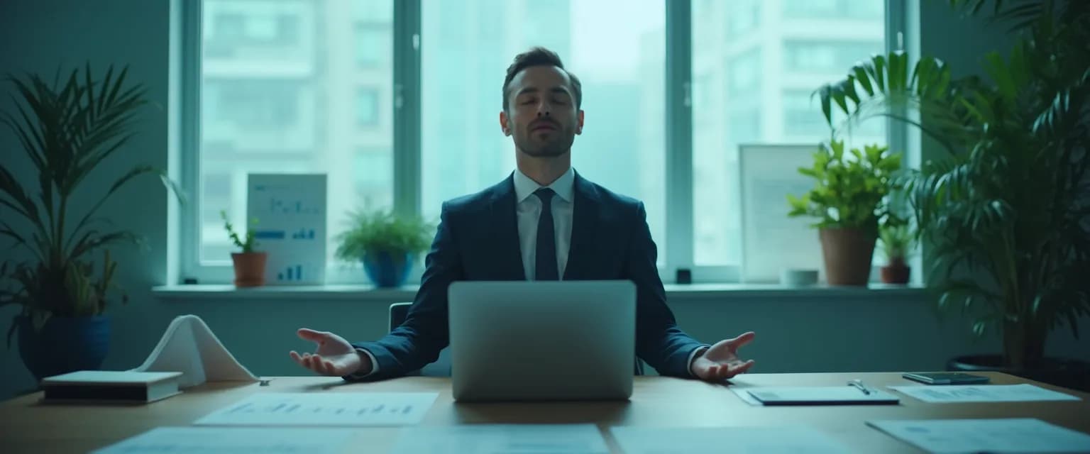 Person practicing breathing techniques to manage anxiety during financial planning meeting