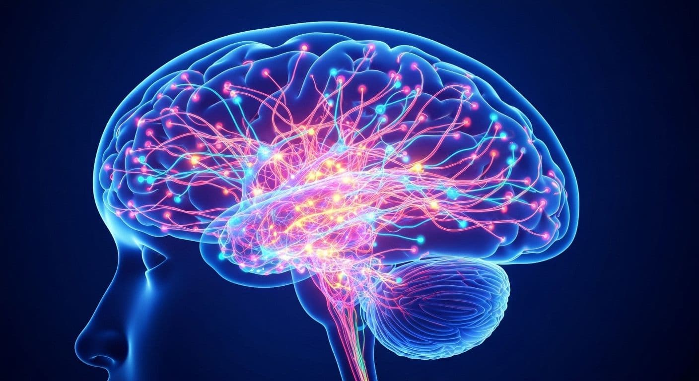 Illustration of miracles of mind showing brain with lightbulb moments and automatic cognitive connections