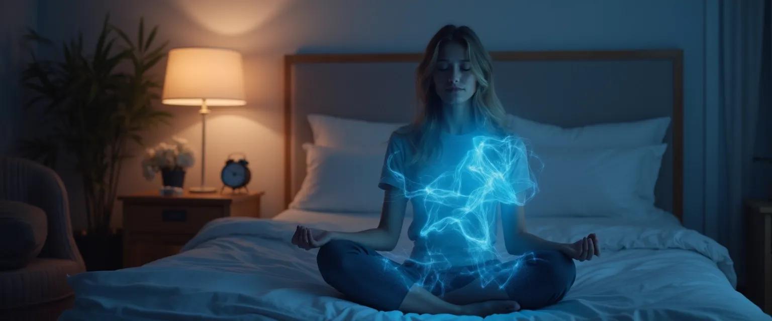 Woman practicing mindfulness meditation for sleep and anxiety with bedtime breathing technique