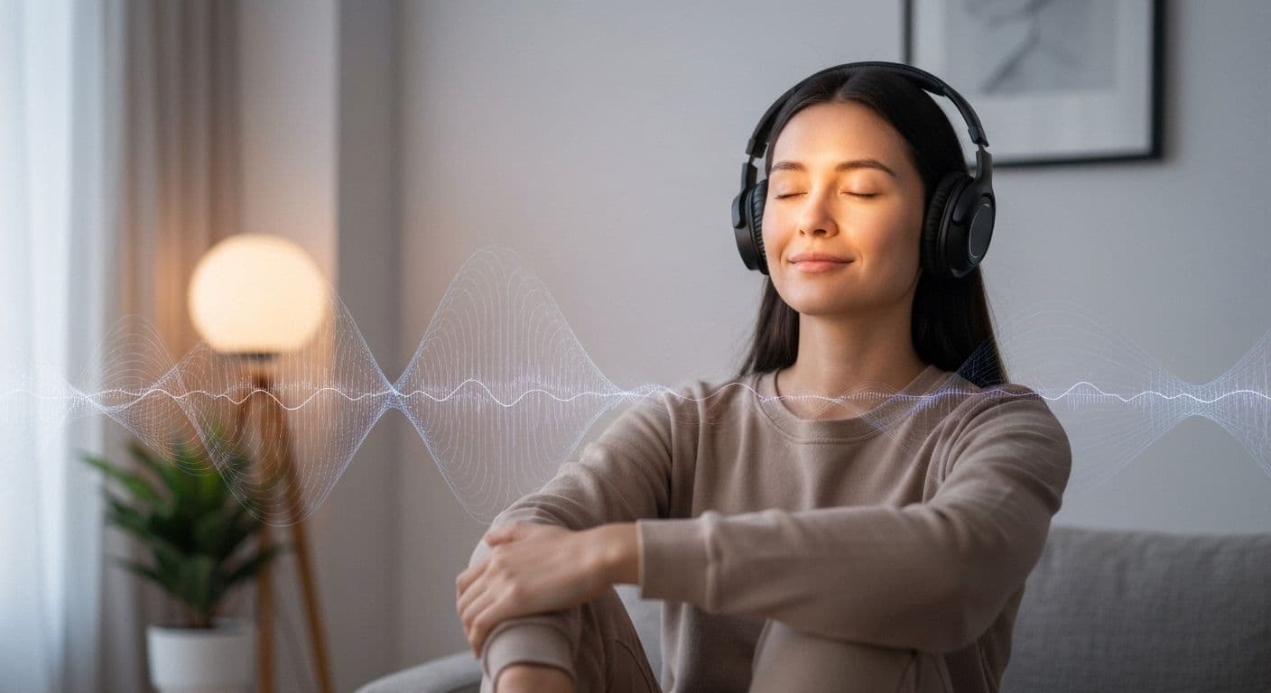 Person mindfully listening to music with headphones in a peaceful setting for emotional reset