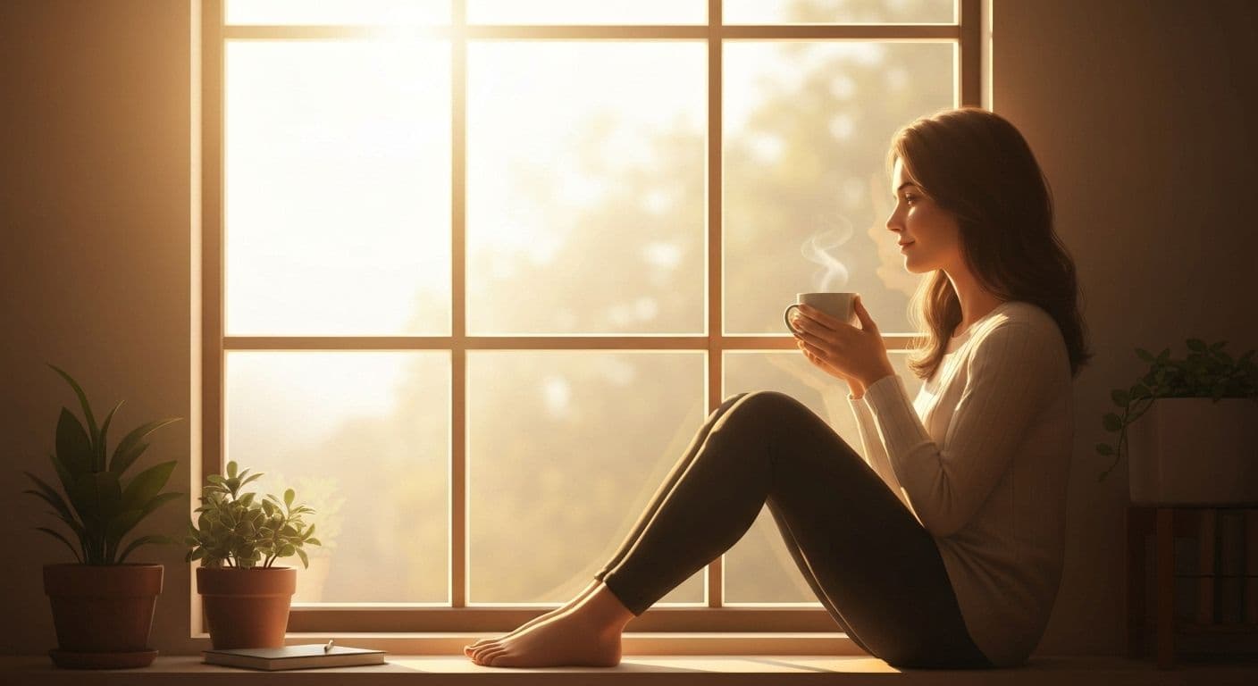 Person waking up peacefully in the morning with right mindset and positive thoughts