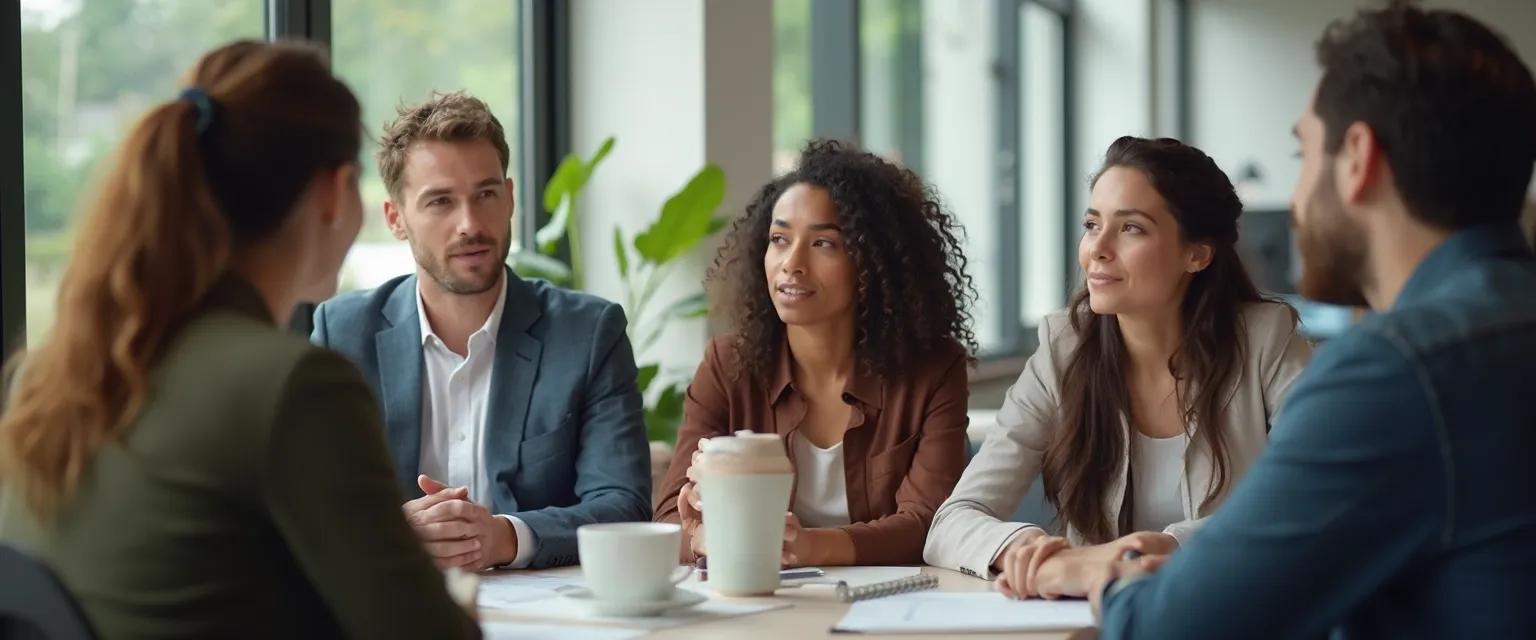 Professional practicing mindful listening meditation during a team meeting