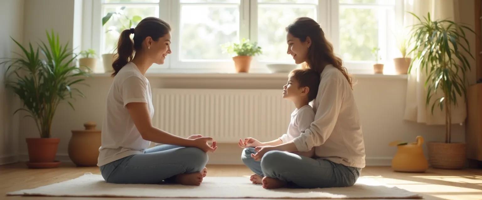 Parent practicing mindfulness psychology techniques with child during family activity