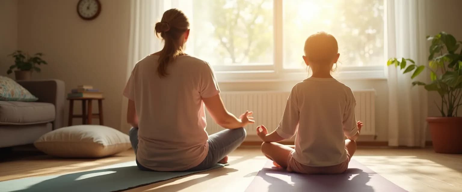 Parent guiding child with ADHD through mindfulness exercise at home