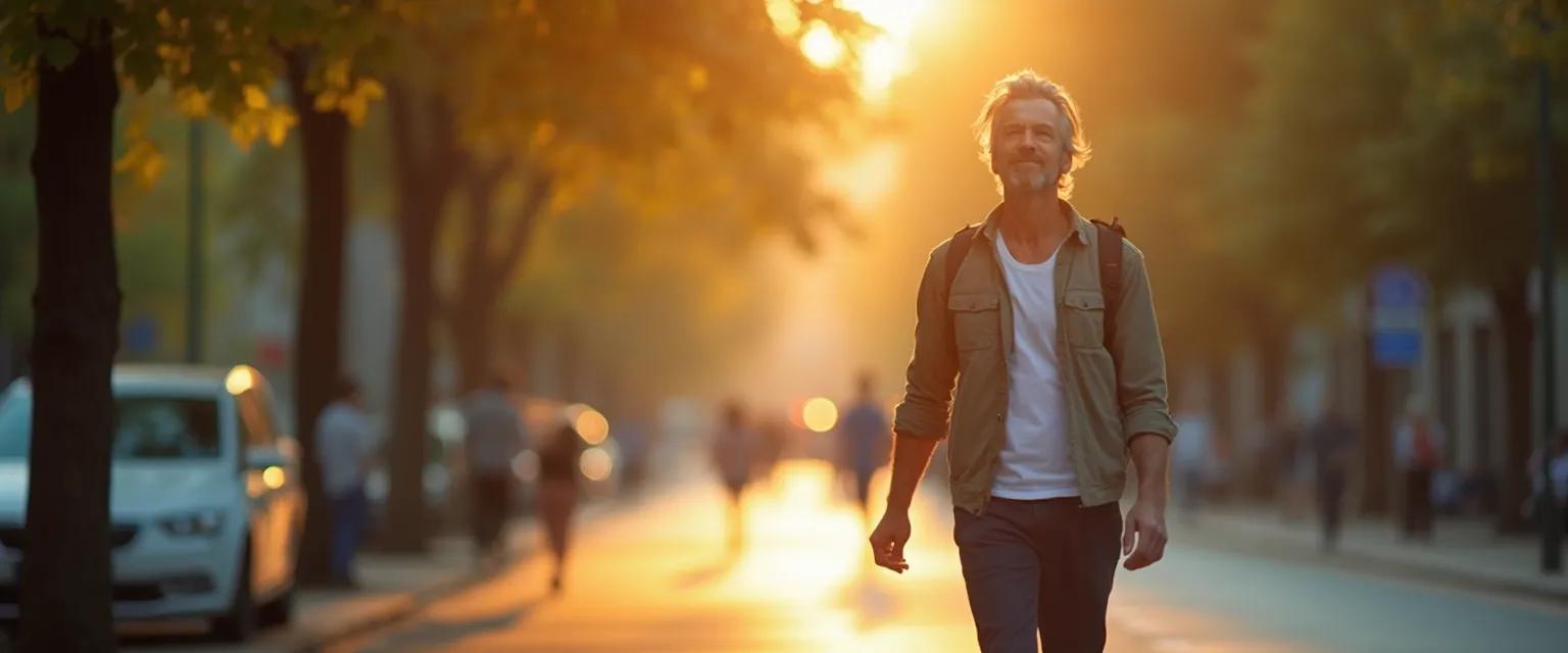 Person practicing mindful walking during their daily commute with a peaceful expression