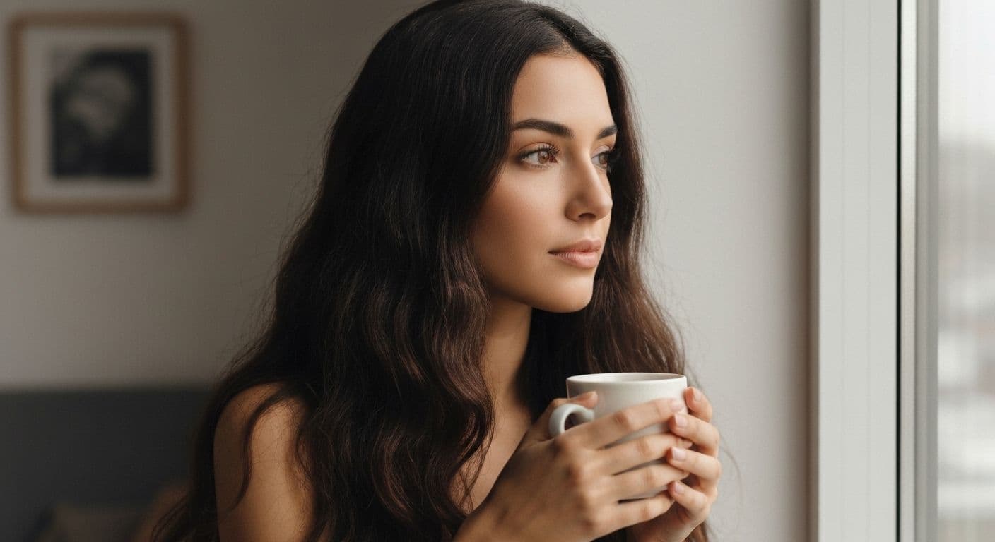 Person reflecting with coffee practicing daily self exploration and self awareness questions