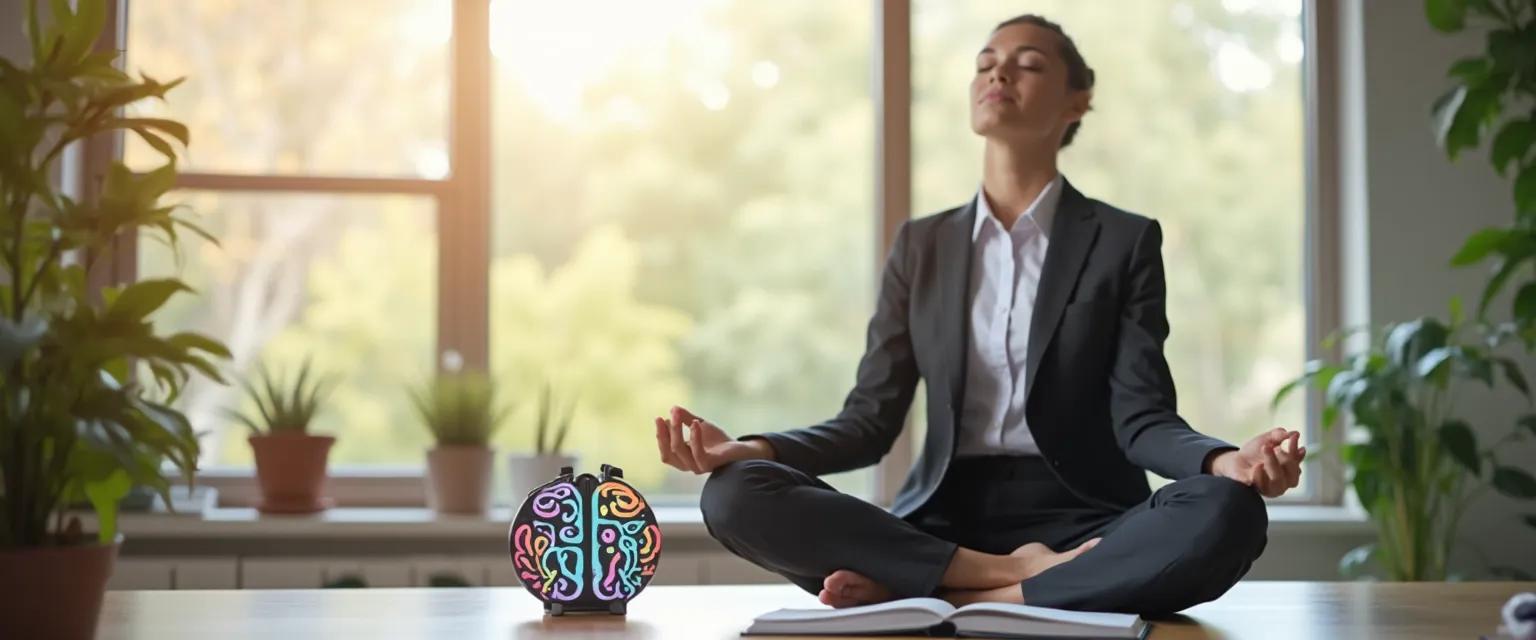 Professional practicing emotional self-awareness techniques during a brief 5-minute break at work