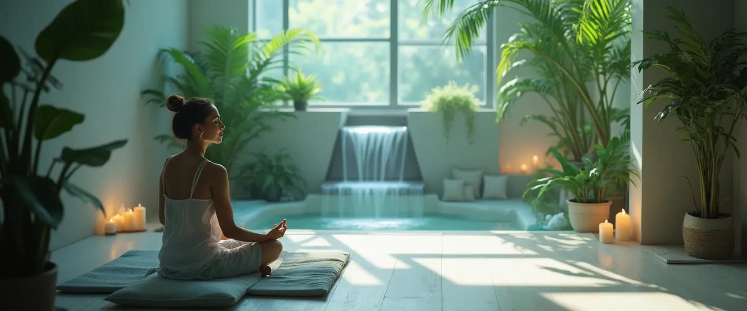 Cozy mind oasis corner with soft lighting, comfortable seating, and natural elements for stress relief