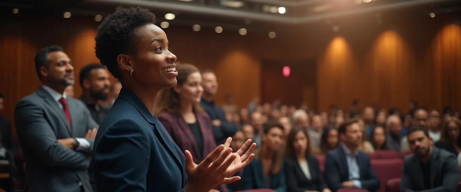 Person confidently speaking at town hall meeting demonstrating effective civic participation