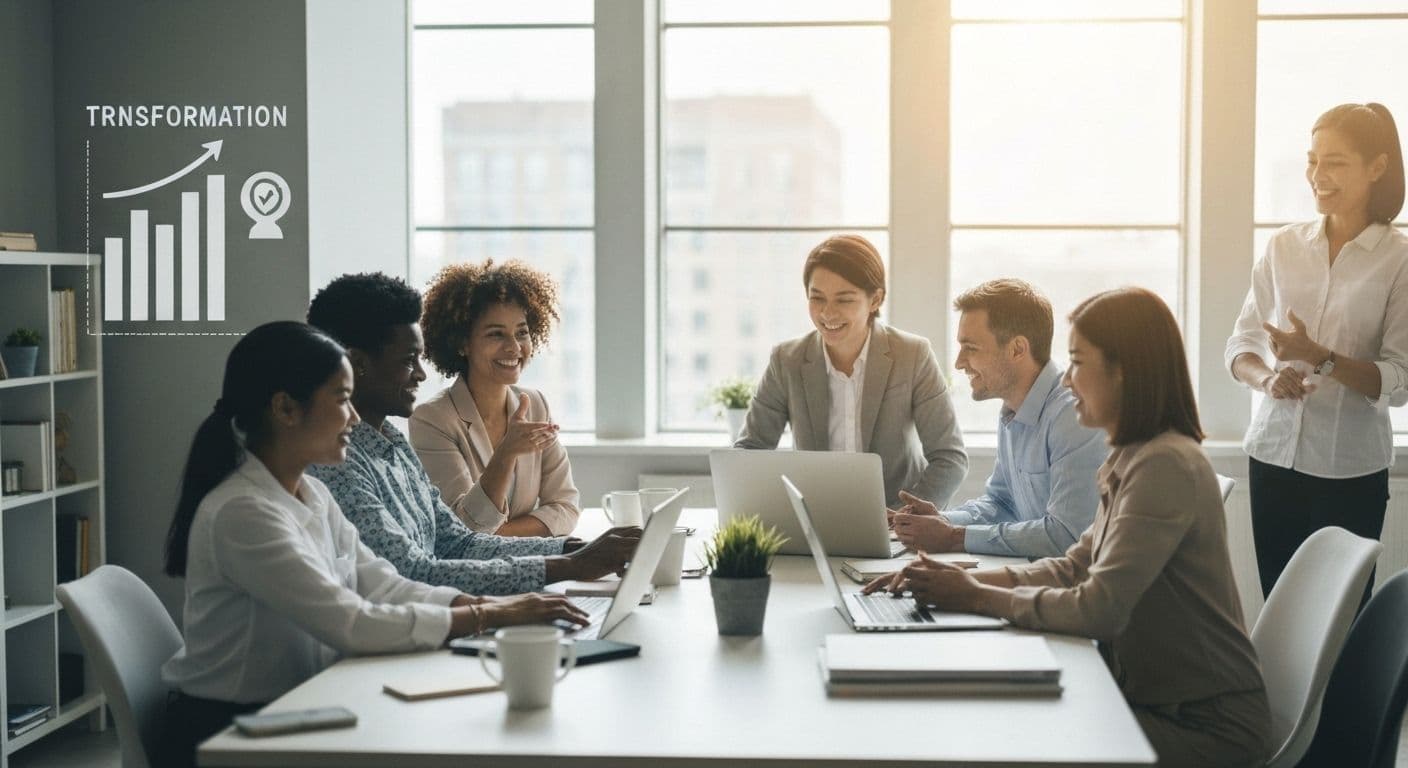 Team members practicing mindsmatter techniques together in a modern workplace setting